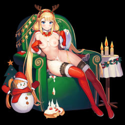 Rule 34 | 1girl, :&gt;, antlers, black background, blonde hair, blue eyes, blush, boots, breasts, breasts apart, cake, candle, capelet, chair, christmas, christmas ornaments, closed mouth, cream, embarrassed, female focus, fire, food, fruit, full body, fur collar, fur trim, gloves, hands up, hat, horns, last origin, legs, long hair, looking at viewer, medium breasts, navel, nipples, no bra, paintale, red gloves, reindeer antlers, santa hat, scarf, simple background, sitting, snowman, solo, strawberry, tachi-e, thigh boots, thighhighs, thighs, third-party edit, topless, tray, twintails, undine (last origin), very long hair