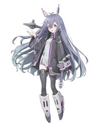 Rule 34 | 1girl, absurdres, antenna hair, asymmetrical legwear, belt, black thighhighs, blush, china dress, chinese clothes, coat, commentary request, dress, drone, floating hair, full body, hair between eyes, hano 1219, headgear, highres, light purple hair, long hair, looking at viewer, machinery, mecha musume, open mouth, original, overcoat, simple background, smile, solo, straight hair, thigh belt, thigh strap, thighhighs, white background, yellow eyes