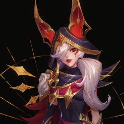 Rule 34 | 1girl, animal ears, arcana xayah, armor, black background, black bodysuit, black cape, bodysuit, breasts, cape, fake animal ears, grey hair, hair over one eye, hane nuo qing-ko, highres, hood, hood up, league of legends, long hair, medium breasts, official alternate costume, parted lips, ponytail, red cape, red eyes, red lips, shoulder armor, simple background, slit pupils, smile, solo, teeth, xayah