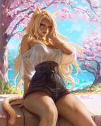Rule 34 | 1girl, aleriia v, animal ears, artist name, bare shoulders, blonde hair, body freckles, braid, cat ears, cat tail, cherry blossoms, cloud, cloudy sky, commentary, day, english commentary, falling petals, feather necklace, final fantasy, final fantasy xiv, freckles, grass, hair over shoulder, hand in own hair, high-waist shorts, highres, jewelry, looking at viewer, miqo&#039;te, necklace, off-shoulder shirt, off shoulder, parted lips, patreon username, petals, purple eyes, shadow, shirt, shirt tucked in, shorts, sitting, sky, solo, tail, teeth, warrior of light (ff14), water