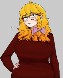 Rule 34 | 1girl, alternate costume, alternate eye color, archived source, bad id, bad twitter id, bags under eyes, bespectacled, black-framed eyewear, black eyes, blonde hair, bow, braid, breasts, commentary, contrapposto, cookie (touhou), glasses, grey background, hair bow, hand on own hip, highres, kirisame marisa, large breasts, long hair, looking at viewer, mars (cookie), ohasi, open mouth, purple bow, red sweater, round eyewear, side braid, single braid, sleeves past wrists, solo, sweater, touhou, upper body, white background