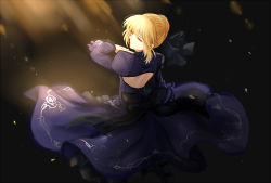 Rule 34 | 1girl, artoria pendragon (fate), black bow, black dress, blonde hair, bow, dancing, dress, fate/stay night, fate (series), from behind, hair bow, high heels, leg up, long dress, march ab, purple ribbon, ribbon, saber alter, short hair with long locks, sidelocks, solo, yellow eyes