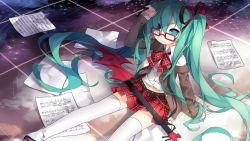 Rule 34 | 1girl, alternate costume, bass clef, beamed quavers, bespectacled, blazer, bow, bowtie, crotchet rest, glasses, green eyes, green hair, guitar, hair over one eye, hair ribbon, hatsune miku, instrument, jacket, long hair, long sleeves, looking at viewer, matching hair/eyes, midriff, musical note, navel, necktie, off shoulder, plaid, plaid bow, plaid bowtie, plaid neckwear, plaid skirt, pleated skirt, plectrum, ribbon, saru, sharp sign, sheet music, shirt, sitting, skirt, solo, thighhighs, treble clef, twintails, very long hair, vocaloid, white shirt, white thighhighs, wing collar