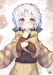 Rule 34 | 1girl, absurdres, alternate costume, black sweater, blush, brown eyes, brown skirt, closed mouth, collarbone, commentary request, fringe trim, glasses, grey hair, highres, hirato (kancolle), ichi (ichi.colors), kantai collection, long sleeves, looking at viewer, parted bangs, pleated skirt, signature, skirt, smile, solo, striped, sweater