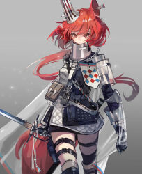 Rule 34 | 1girl, absurdres, animal ears, arknights, armor, flametail (arknights), highres, holding, holding sword, holding weapon, long hair, looking at viewer, red eyes, red hair, red tail, solo, sword, tail, weapon