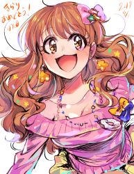 Rule 34 | 1girl, 2017, :3, :d, blue bow, bow, breasts, brown eyes, brown hair, cleavage, dated, doughnut, earrings, food, hair bow, idolmaster, idolmaster cinderella girls, jewelry, kakitsubata zero, long hair, long sleeves, medium breasts, moroboshi kirari, necklace, off-shoulder shirt, off shoulder, open mouth, pink bow, pink shirt, shirt, simple background, smile, solo, star (symbol), star earrings, white background, yellow bow