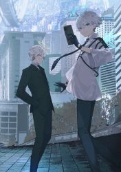 Rule 34 | 2boys, ahoge, antenna hair, black gloves, black neckwear, blue eyes, building, cellphone, city, cityscape, closed mouth, facial mark, formal, gloves, grey eyes, grey hair, hair between eyes, halo, hand in pocket, highres, hinayuri, holding, holding phone, looking at viewer, male focus, mini wings, multiple boys, necktie, open hand, original, outdoors, phone, smile, standing, suit, wings