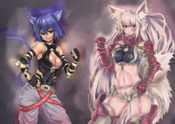 Rule 34 | 2girls, animal ears, blue hair, breasts, cameltoe, cat ears, cat tail, cleavage, cleavage cutout, clothing cutout, collaboration, fox ears, fox tail, gloves, highres, houtengeki, multiple girls, original, panzer (p.z), tail, toned, white hair
