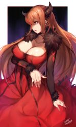 Rule 34 | 10s, 1girl, artist name, blood, blood from mouth, breasts, choker, cleavage, dated, dress, fur trim, highres, horns, large breasts, long hair, maou (maoyuu), maoyuu maou yuusha, mukka, open mouth, red eyes, red hair, solo