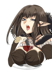 Rule 34 | 1girl, alcohol, bare shoulders, between breasts, black hair, blue eyes, breasts, choker, cleavage, detached sleeves, fate/apocrypha, fate (series), frills, fur, highres, long hair, open mouth, pointy ears, semiramis (fate), solo, tongue, tongue out, wine