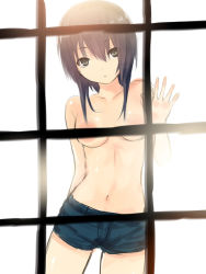 Rule 34 | 1girl, against glass, backlighting, black hair, breasts, censored, coffee-kizoku, convenient censoring, looking at viewer, medium breasts, navel, original, short hair, short shorts, shorts, sketch, solo, topless, window