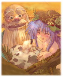 Rule 34 | 1boy, 1girl, :d, ^ ^, bald, bare shoulders, beard, blue hair, blush, branch, breasts, cleavage, closed eyes, collarbone, egg, facial hair, food, fruit, grapes, hat, long hair, lowres, morii shizuki, old, old man, open mouth, purple hair, ragnarok online, smile, upper body, very long hair