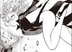 Rule 34 | 1girl, bare legs, breasts, curly hair, floating hair, greyscale, lowres, monochrome, murata yuusuke, official art, one-punch man, small breasts, solo, tatsumaki