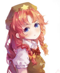 Rule 34 | 1girl, :&lt;, beret, black bow, blue eyes, bow, braid, chinese clothes, collared shirt, green beret, green hat, hair bow, hat, hong meiling, long hair, looking at viewer, puffy short sleeves, puffy sleeves, red hair, shirt, short sleeves, solo, star (symbol), touhou, twin braids, white background, yellow bow, yuer (miyuexinling)