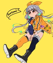 Rule 34 | 1girl, aqua hair, asymmetrical legwear, asymmetrical sleeves, between legs, black footwear, blue thighhighs, boots, braid, brown eyes, collared shirt, cross-laced footwear, double horizontal stripe, drawstring, grey hair, hair ornament, hand between legs, highres, hisakawa nagi, idolmaster, idolmaster cinderella girls, jacket, knee boots, lace-up boots, long hair, low twintails, mismatched legwear, mismatched sleeves, multicolored hair, open clothes, open jacket, orange thighhighs, sasaki rindou, shirt, simple background, solo, thighhighs, twintails, two-tone hair, v arms, yellow background, zettai ryouiki