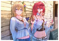 Rule 34 | 2girls, alternate costume, bare shoulders, blonde hair, blue eyes, breasts, brick wall, casual, cleavage, commentary, cowboy shot, crop top, cup, denim, disposable cup, drinking straw, europa (granblue fantasy), eyebrows hidden by hair, godsworn alexiel, granblue fantasy, hair ornament, highres, holding, holding cup, jeans, long hair, looking at viewer, medium breasts, midriff, multiple girls, navel, occa-key, outdoors, pants, parted lips, red hair, shirt, short hair, sideboob, standing, white shirt