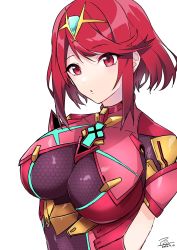 Rule 34 | 1girl, bob cut, breasts, chest jewel, gem, headpiece, highres, large breasts, ppps, pyra (xenoblade), red eyes, red hair, short hair, simple background, solo, swept bangs, tiara, white background, xenoblade chronicles (series), xenoblade chronicles 2