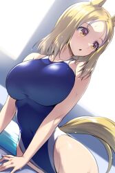 1girl animal_ears blonde_hair blue_one-piece_swimsuit breasts competition_swimsuit covered_navel dutch_angle forehead highleg highleg_one-piece_swimsuit highres horse_ears horse_girl horse_tail large_breasts looking_back narita_top_road_(umamusume) one-piece_swimsuit pataneet short_hair solo swimsuit tail two-tone_swimsuit umamusume yellow_eyes