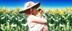 Rule 34 | 2girls, age difference, bare shoulders, blonde hair, blue sky, blurry, blurry background, bow, breast press, breasts, brown hair, carrying, carrying person, child, closed mouth, commentary request, curled horns, day, depth of field, dress, closed eyes, frilled dress, frills, hat, hat bow, highres, horns, large breasts, multiple girls, original, outdoors, pink bow, pointy ears, profile, short hair, sky, sleeping, sleeveless, sleeveless dress, straw hat, upper body, white dress, zuoteng lucha