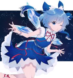 Rule 34 | 1girl, ;o, absurdres, adapted costume, barefoot, belt, blue background, blue bow, blue dress, blue eyes, blue hair, bow, bracelet, center frills, cirno, commentary request, dress, feet out of frame, flat chest, frills, gradient background, hair between eyes, hair bow, highres, huge filesize, ice, ice wings, jewelry, leaning forward, letterboxed, looking at viewer, nail polish, neck ribbon, ok sign, one eye closed, outside border, puffy short sleeves, puffy sleeves, red ribbon, ribbon, see-through, see-through skirt, short hair, short sleeves, skirt, sky, solo, star (sky), starry sky, takeyukiwa tikuwa, touhou, v-shaped eyebrows, wings