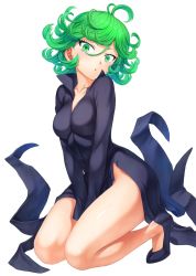 Rule 34 | 1girl, :o, ahoge, bare legs, black dress, blush, breasts, collarbone, curly hair, dress, full body, green eyes, green hair, hair between eyes, head tilt, highres, kneeling, legs, long sleeves, looking at viewer, mogudan, one-punch man, open mouth, short hair, simple background, small breasts, solo, tatsumaki, thighs, white background