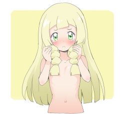 Rule 34 | 1girl, blunt bangs, blush, braid, breasts, collarbone, creatures (company), female focus, game freak, green eyes, hair over breasts, hand in own hair, lillie (pokemon), long hair, looking at viewer, navel, nintendo, ookamiuo, outside border, pokemon, pokemon sm, sad, simple background, small breasts, solo, tan, tearing up, tears, topless frame, twin braids, upper body, white background, yellow background