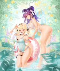 Rule 34 | 2girls, arm strap, ass, bare shoulders, blonde hair, blush, breasts, cleavage, closed mouth, food, fruit, full body, hair intakes, hair ornament, highres, innertube, lemon, long hair, looking at viewer, multiple girls, obiwan, one-piece swimsuit, original, parted lips, purple eyes, purple hair, red eyes, signature, smile, standing, swim ring, swimsuit, thigh strap, thighs, weisuoxin, white one-piece swimsuit