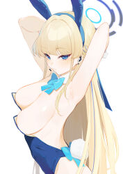 Rule 34 | 1girl, animal ears, armpits, arms behind head, arms up, bare shoulders, blonde hair, blue archive, blue eyes, blue leotard, blush, bow, bowtie, braid, breasts, cleavage, detached collar, earpiece, fake animal ears, fake tail, french braid, halo, highleg, highleg leotard, highres, large breasts, leotard, long hair, looking at viewer, playboy bunny, rabbit ears, rabbit tail, shimon (31426784), tail, toki (blue archive), toki (bunny) (blue archive), wrist cuffs