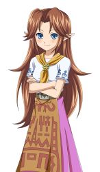 Rule 34 | 1girl, asatsuki (fgfff), bad id, bad pixiv id, belt, blue eyes, bowser, brown hair, crossed arms, highres, long hair, malon, muedo, nintendo, pointy ears, shirt, simple background, skirt, smile, solo, the legend of zelda, the legend of zelda: ocarina of time, white background
