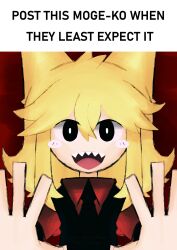 1girl animal_ears black_eyes black_necktie black_vest blonde_hair blush_stickers bright_pupils collared_shirt commentary english_commentary english_text funamusea gif_caption_(meme) hair_between_eyes highres iesonatana long_hair long_sidelocks looking_at_viewer meme moge-ko mogeko_castle necktie open_mouth red_shirt sharp_teeth shirt sidelocks smile solo straight-on teeth upper_body vest white_pupils