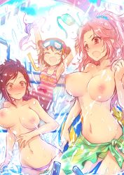 Rule 34 | 10s, 3girls, :d, ^ ^, arms up, assisted exposure, bikini, bikini top only, unworn bikini top, blush, bouncing breasts, braid, breasts, brown eyes, brown hair, closed eyes, clothes theft, commentary request, double bun, embarrassed, closed eyes, french braid, goggles, goggles on head, hamakawa ayuna, holding, holding bikini top, holding clothes, holding swimsuit, humiliation, hyodo rena, idolmaster, idolmaster cinderella girls, kara (color), large breasts, medium breasts, multiple girls, munakata atsumi, navel, nipples, one-piece swimsuit, open mouth, ponytail, sarong, scrunchie, short hair, small breasts, smile, sweatdrop, swimsuit, swimsuit theft, theft, topless, wardrobe malfunction, water, water gun, wavy mouth