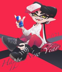 Rule 34 | + +, 1girl, 2021, black footwear, black hair, callie (splatoon), can, commentary, commentary request, earrings, english commentary, english text, fangs, food, food on head, gradient hair, happy new year, highres, holding, holding can, inkling, jewelry, logo parody, long hair, looking at another, mask, mole, mole under eye, multicolored hair, new year, nintendo, object on head, off-shoulder sweater, off shoulder, okome 2g2g, open mouth, pantyhose, pointy ears, purple pantyhose, red background, red bull, red hair, shirt straps, shoes, sitting, smile, sneakers, solo, straight-laced footwear, sushi, sweater, swept bangs, tentacle hair, twitter username, very long hair, white sweater, yellow eyes