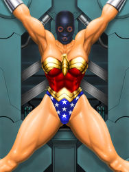 Rule 34 | 1girl, abs, armpits, arms up, asphyxiation, bdsm, blue hair, bondage, bound, breasts, cleavage, dc comics, female focus, gimp mask, legs, leotard, long hair, mask, muscular, restrained, s.y.r, solo, thighs, wonder woman