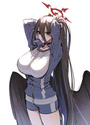 Rule 34 | 1girl, adjusting hair, arms up, black choker, black hair, black wings, blue archive, blue jacket, blue shorts, breasts, choker, feathered wings, hair between eyes, halo, hasumi (blue archive), hasumi (track) (blue archive), huge breasts, jacket, large breasts, long hair, looking at viewer, low wings, mole, mole under eye, parted lips, partially unzipped, ponytail, red eyes, shirt, short shorts, shorts, shoukaki (earthean), simple background, solo, very long hair, white background, white shirt, wings