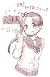 Rule 34 | 1girl, 2020, akeome, ayanami (kancolle), cardigan, commentary request, cowboy shot, happy new year, kantai collection, kirigaya yuuji, long hair, looking at viewer, monochrome, neckerchief, new year, open palm, pleated skirt, sailor collar, school uniform, sepia, serafuku, side ponytail, skirt, smile, solo