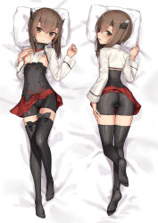 Rule 34 | 1girl, ass, bed sheet, bike shorts, blush, breasts, brown eyes, brown hair, dakimakura (medium), flat chest, headband, headgear, highres, kantai collection, kawakami rokkaku, long sleeves, looking at viewer, lying, multiple views, nipples, on back, on stomach, open mouth, paid reward available, panties, pillow, pleated skirt, short hair, simple background, skirt, small breasts, smile, taihou (kancolle), thighhighs, underwear