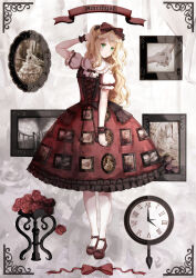 Rule 34 | 1girl, analog clock, ankle bow, ankle ribbon, blonde hair, border, bow, clock, closed mouth, cross-laced clothes, drawing (object), dress, flower, footwear bow, framed, frilled dress, frills, full body, gothic lolita, green eyes, grey background, hair bobbles, hair bow, hair ornament, hand on own head, highres, iceblue, leg ribbon, lolita fashion, long hair, looking to the side, neck ribbon, original, ornate border, pantyhose, peter pan collar, picture frame, pinafore dress, print dress, puffy short sleeves, puffy sleeves, red bow, red dress, red flower, red footwear, red ribbon, red rose, ribbon, rose, shirt, shoes, short sleeves, sleeveless, sleeveless dress, solo, standing, swept bangs, two side up, wavy hair, white pantyhose, white shirt, wrist cuffs