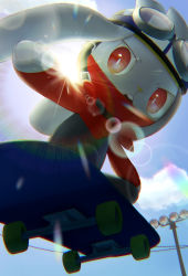 Rule 34 | bright pupils, chromatic aberration, cloud, commentary request, creatures (company), day, from below, game freak, gen 8 pokemon, highres, lens flare, nintendo, no humans, open mouth, outdoors, outstretched arms, pokemon, pokemon (creature), power lines, purobe, raboot, red eyes, skateboard, sky, teeth, upper teeth only, white pupils