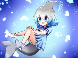 Rule 34 | 10s, 1girl, :d, air bubble, ankle lace-up, blue eyes, blue hair, blush, bubble, cetacean tail, choker, collar, commentary, common bottlenose dolphin (kemono friends), cross-laced footwear, dress, fins, fish tail, footwear ribbon, frilled dress, frills, gradient eyes, gradient hair, grey hair, hands on own knee, kemono friends, knees together feet apart, looking away, multicolored eyes, multicolored hair, neckerchief, open mouth, ribbon, sailor collar, sailor dress, shoe soles, short hair, short sleeves, smile, solo, submerged, tail, tareme, tsuruten, two-tone hair, underwater, water, white footwear, white neckerchief, white ribbon
