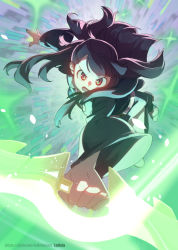 Rule 34 | 10s, 1girl, blunt bangs, boots, brown hair, dress, frown, glowing, kagari atsuko, little witch academia, lolivia, long hair, long sleeves, looking at viewer, open mouth, outstretched arm, red eyes, shiny rod (little witch academia), sidelocks, solo, sparkle, watermark, wide sleeves