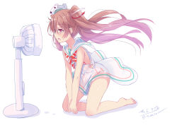 Rule 34 | 1girl, absurdres, brown eyes, brown hair, commentary request, dark-skinned female, dark skin, dress, electric fan, fang, fanning face, fanning self, hair ribbon, hat, highres, hizaka, kantai collection, libeccio (kancolle), long hair, mini hat, neckerchief, one-hour drawing challenge, ribbon, sailor dress, signature, sleeveless, sleeveless dress, solo, striped neckerchief, sweat, tan, twintails, white background