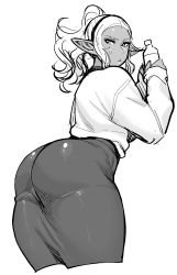 Rule 34 | 1girl, arched back, ass, dark skin, dark-skinned female, elf-san wa yaserarenai., greyscale, hairband, highres, hip focus, huge ass, kuroeda-san, leaning forward, long hair, looking at viewer, mole, mole under eye, monochrome, pointy ears, simple background, sketch, skirt, solo, sweatdrop, sweater, synecdoche, thick thighs, thighs, white background, wide hips