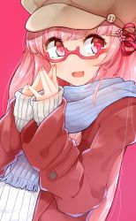 Rule 34 | 1girl, :d, blue scarf, brown hat, cabbie hat, commentary request, fang, flower, fringe trim, glasses, hair flower, hair ornament, hair ribbon, hairclip, hands up, hat, highres, jacket, kotonoha akane, long hair, long sleeves, looking at viewer, open clothes, open jacket, open mouth, pink background, pink flower, pink hair, red-framed eyewear, red background, red eyes, red jacket, red ribbon, ribbed sweater, ribbon, scarf, semi-rimless eyewear, simple background, sleeves past wrists, smile, solo, sweater, under-rim eyewear, upper body, very long hair, voiceroid, white sweater, yusake san