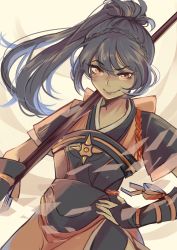 Rule 34 | 1girl, blue hair, commentary request, fire emblem, fire emblem fates, highres, image sample, japanese clothes, long hair, naginata, nintendo, oboro (fire emblem), pemu (greeentii), polearm, ponytail, red eyes, solo, tumblr sample, weapon
