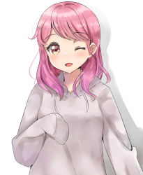 Rule 34 | 1girl, ;d, bang dream!, blush, breasts, brown eyes, commentary request, drawstring, grey hoodie, head tilt, hood, hood down, hoodie, long hair, long sleeves, maruyama aya, one eye closed, open mouth, pink hair, shadow, sin (sin52y), sleeves past fingers, sleeves past wrists, small breasts, smile, solo, upper body, white background