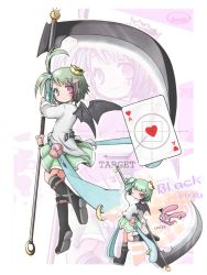 Rule 34 | 2girls, ace (playing card), ace of hearts, akino coto, bad id, bad pixiv id, blue eyes, card, green hair, heart, heterochromia, highres, looking at viewer, multiple girls, one eye closed, original, playing card, red eyes, scythe, short hair, smile, target, wings, wink, zoom layer