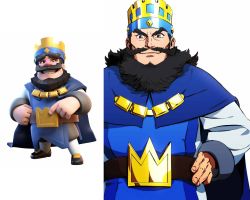 Rule 34 | 1boy, beard, belt, belt buckle, blue cape, buckle, cape, clash royale, crown, facial hair, facing viewer, full body, grin, highres, king (clash royale), looking at viewer, mustache, simple background, smile, solo, standing, tagme, white background