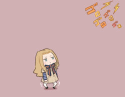 Rule 34 | 1girl, blonde hair, blue bow, blue eyes, bow, brown dress, closed mouth, commentary request, dress, forehead, full body, long hair, long sleeves, looking at viewer, m3gan, m3gan (character), neck ribbon, pink background, ribbon, saiguchi otoufu, short sleeves, simple background, solo, striped ribbon, striped sleeves