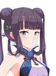 Rule 34 | + +, 1girl, bare shoulders, black hair, blue dress, blue eyes, blunt bangs, blush, breasts, closed mouth, double bun, dress, fate/grand order, fate (series), gomennasai, hair bun, hair ornament, long hair, looking at viewer, medium breasts, simple background, sleeveless, sleeveless dress, smile, solo, twintails, upper body, white background, yang guifei (fate), yang guifei (first ascension) (fate)