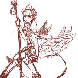 Rule 34 | 1girl, armor, armored dress, bare shoulders, choker, crown, dress, elbow gloves, gloves, gwendolyn (odin sphere), monochrome, non-web source, odin sphere, panties (pantsu-pirate), polearm, short hair, sketch, solo, spear, strapless, strapless dress, thighhighs, weapon, wings